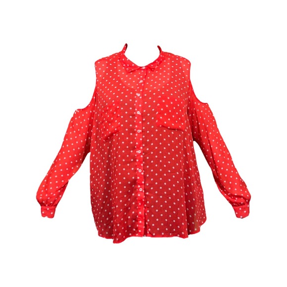 Bongo women size 3X Red and white polka dot cold shoulder long sleeve blouse - Picture 1 of 6
